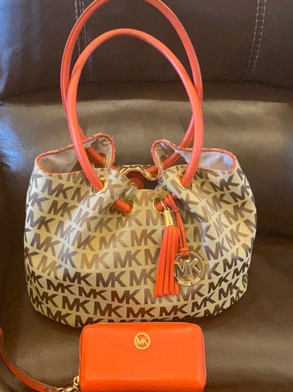 Michael Kors Beige MK Logo Tote with Orange Trim